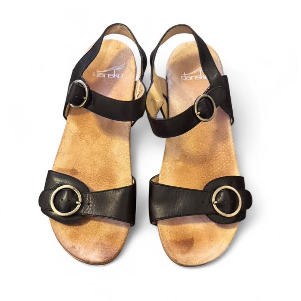 Dansko Black Leather Comfort Sandals EU 39 US 8.5 Buckle Slingback Wedge Shoes - Picture 3 of 7